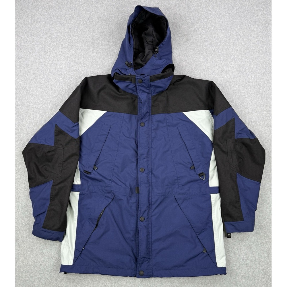 Cabelas Jacket Mens Large Tall‎ LT Blue Nylon Hooded Rain Full Zip Insulated